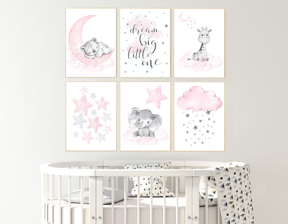 Nursery decor girl animals, pink grey nursery decor, elephant, bear, giraffe, girl nursery ideas, girl nursery room, stars, cloud, moon