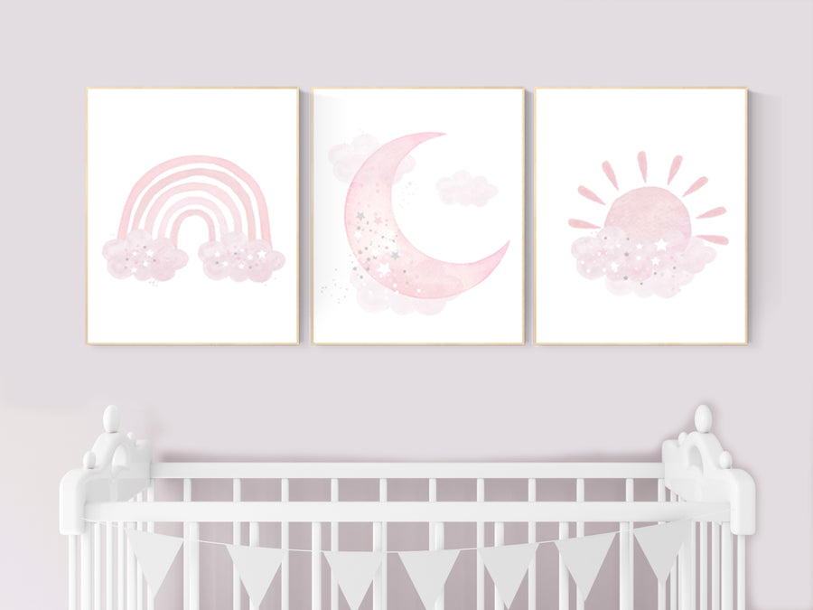 Nursery prints rainbow, Nursery decor girl, nursery wall art, pink nursery, moon, cloud, sun