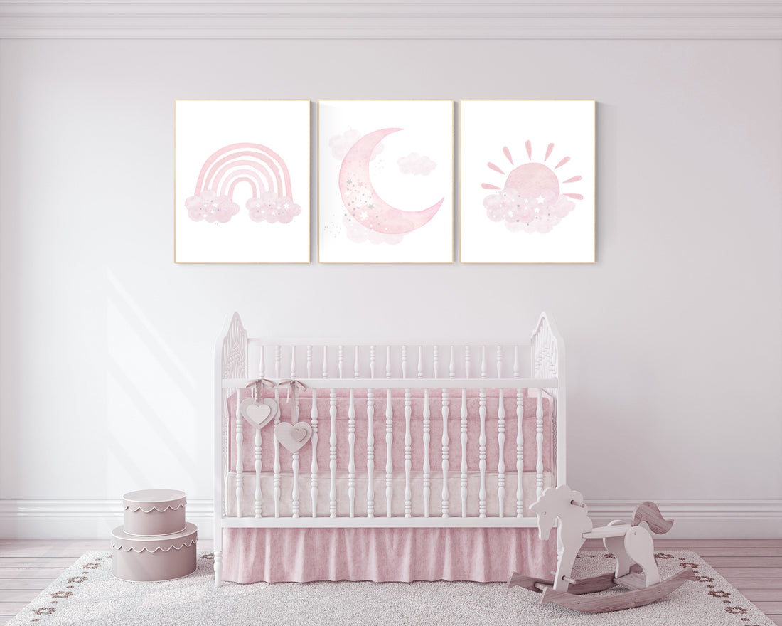 Nursery prints rainbow, Nursery decor girl, nursery wall art, pink nursery, moon, cloud, sun