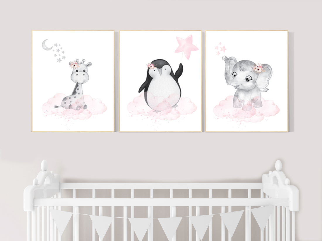 Animal nursery, nursery decor girl pink gray, nursery decor girl woodland animals, penguin, elephant