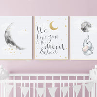 Nursery wall art grey, gray gold nursery, moon nursery, elephant, gender neutral nursery decor, moon