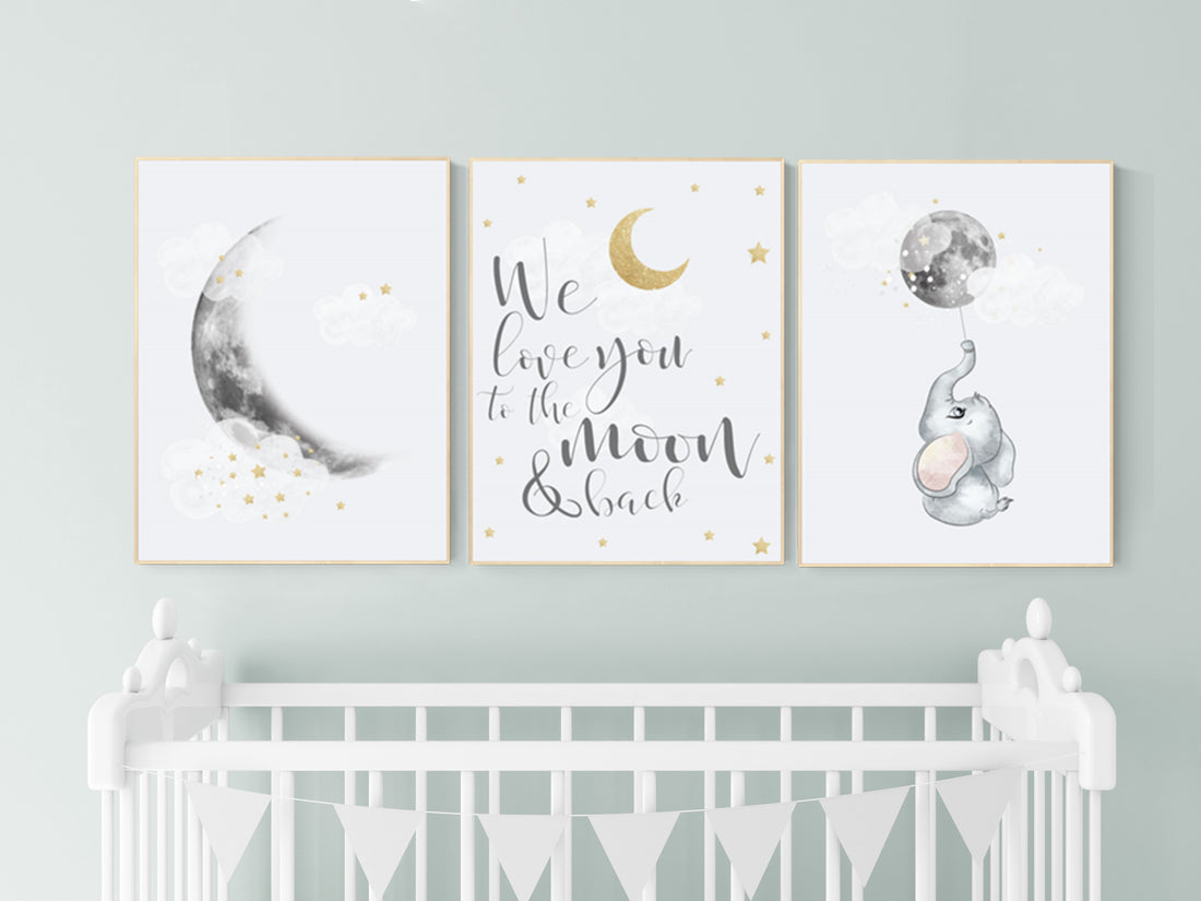 Nursery wall art grey, gray gold nursery, moon nursery, elephant, gender neutral nursery decor, moon