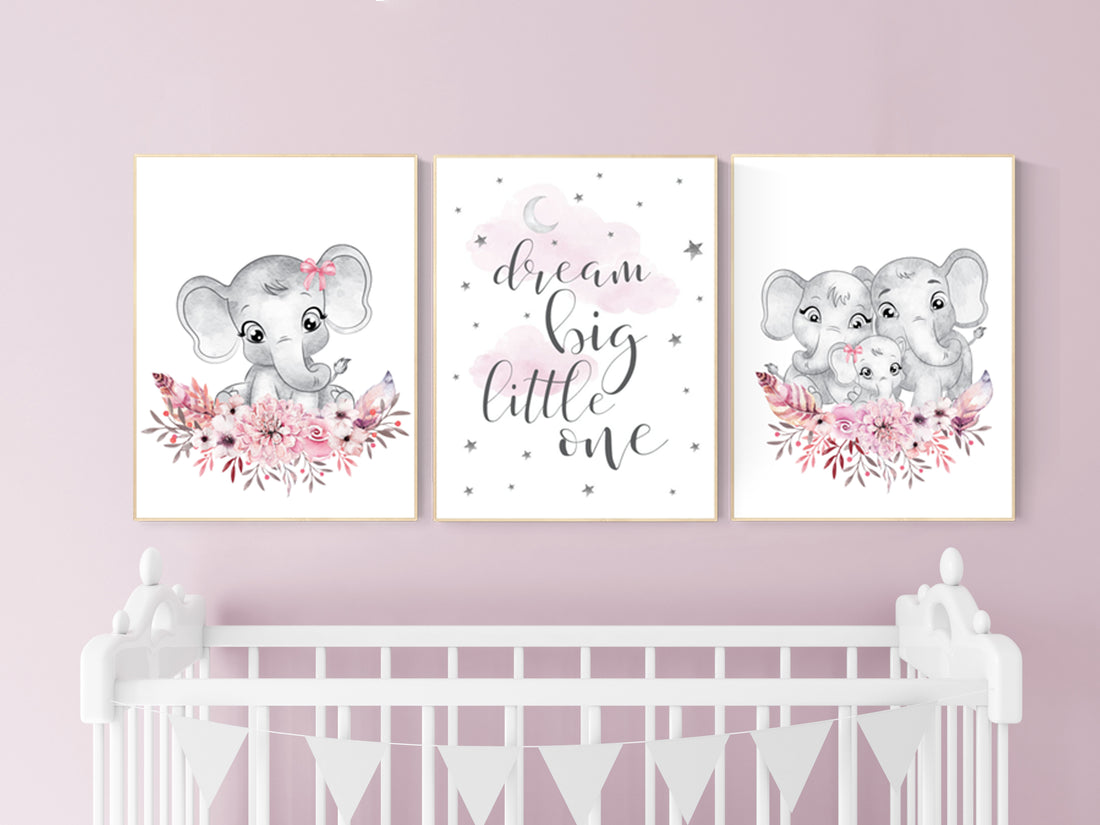 Nursery decor girl boho, elephant nursery wall art, nursery decor girl floral, nursery decor girl