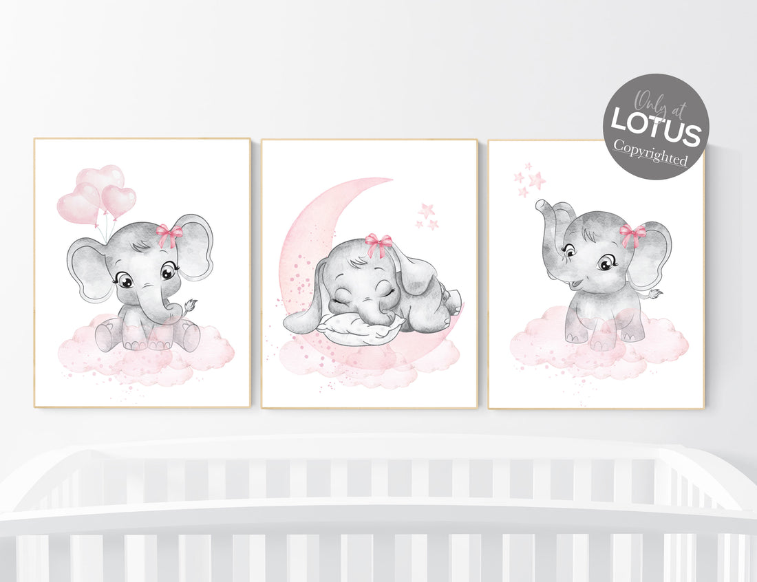 Nursery wall art girl elephant, pink and grey, nursery decor girl pink, pink nursery, girl nursery