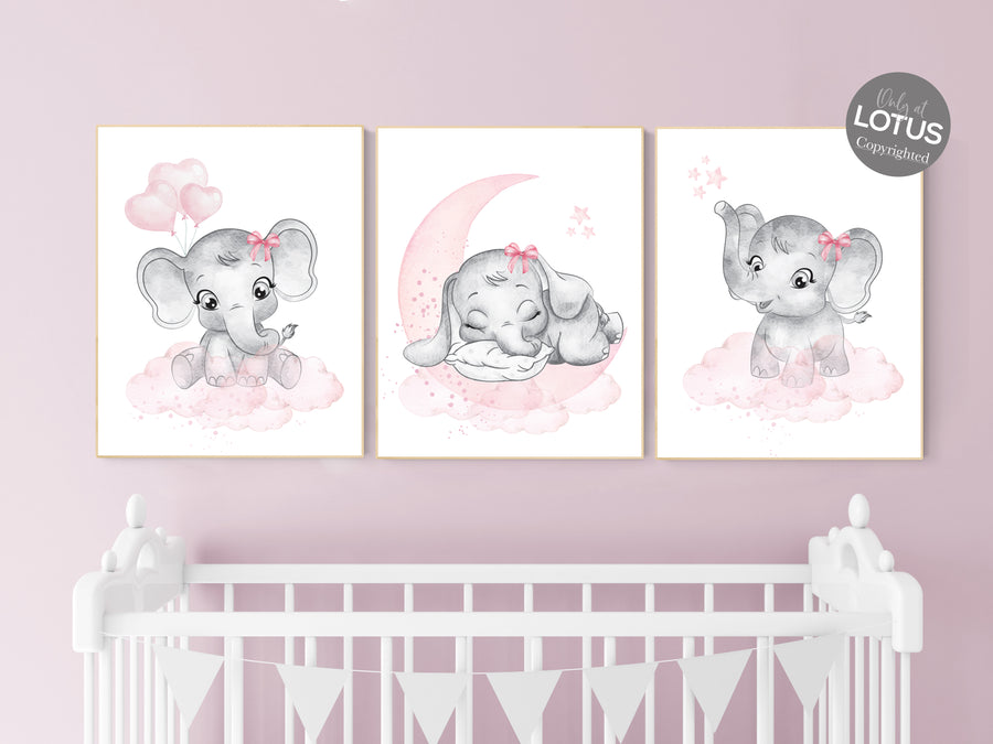 Nursery wall art girl elephant, pink and grey, nursery decor girl pink, pink nursery, girl nursery