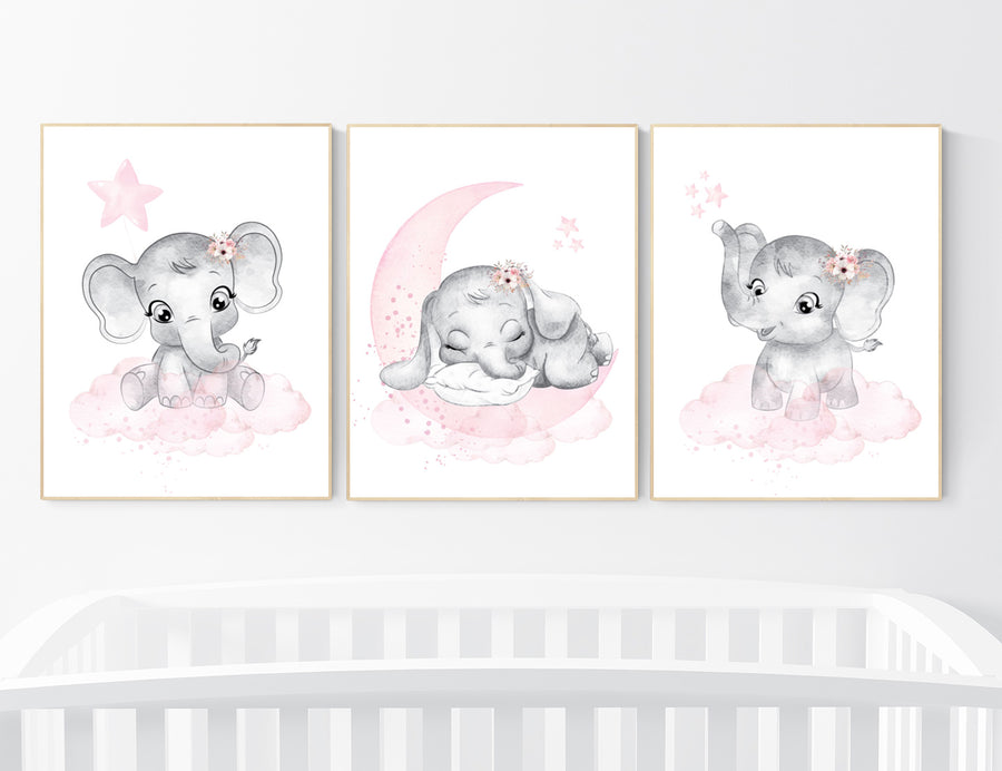 Nursery wall art girl elephant, pink and gray, nursery decor girl pink, moon, stars