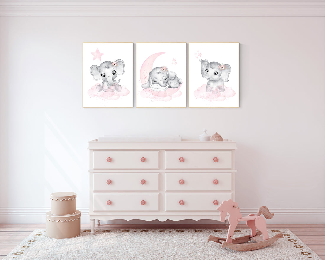 Nursery wall art girl elephant, pink and gray, nursery decor girl pink, moon, stars