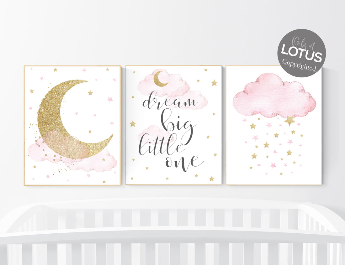 Nursery wall art girl pink and gold, baby room decor girl gold and pink, dream big little one