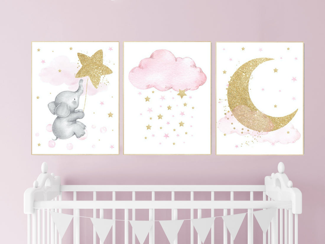 Nursery wall art girl elephant, baby room decor girl gold and pink, cloud and stars, baby room decor, nursery wall art elephant, watercolor