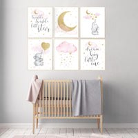 Pink gold nursery decor, Moon cloud star nursery, elephant, nursery set of 6, nursery ideas for girl