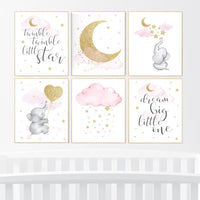 Pink gold nursery decor, Moon cloud star nursery, elephant, nursery set of 6, nursery ideas for girl