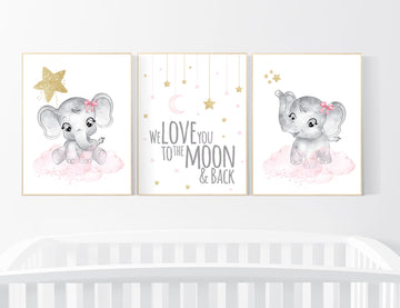 Pink gold nursery prints, girl nursery, Nursery wall art girl, pink elephant, girl nursery ideas