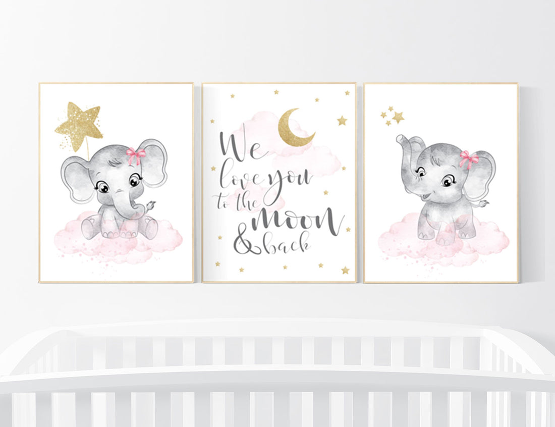 Elephant Nursery decor girl, pink gold nursery prints, girl nursery decor, pink elephant nursery