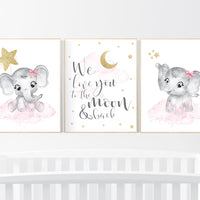 Elephant Nursery decor girl, pink gold nursery prints, girl nursery decor, pink elephant nursery