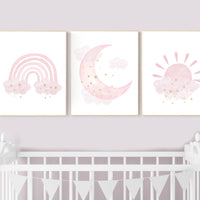 Nursery prints rainbow, Nursery decor girl, nursery wall art, pink gold nursery, moon, cloud, sun