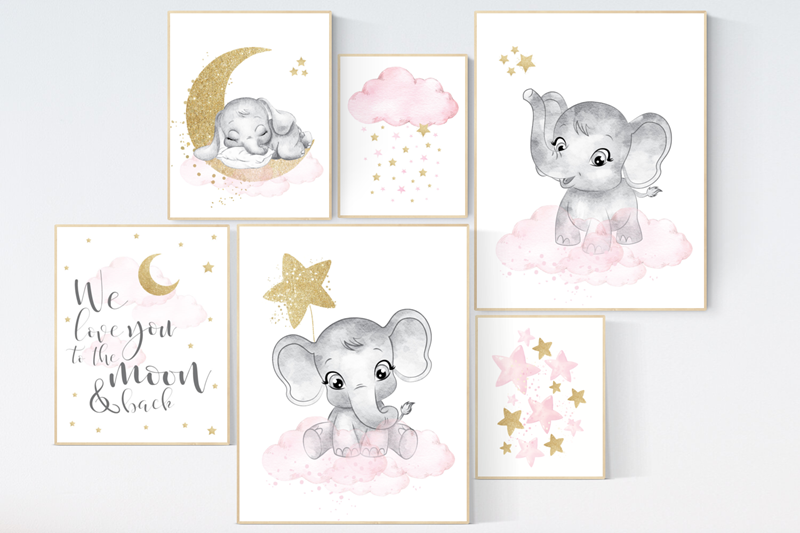 Nursery wall decor girl, elephant, girl nursery ideas, pink gold nursery art, elephant nursery