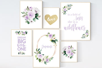 Nursery decor purple, Nursery decor girl purple gold, in a field of roses she is a wildflower,