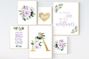 Nursery decor purple, Nursery decor girl name, purple gold, in a field of roses she is a wildflower