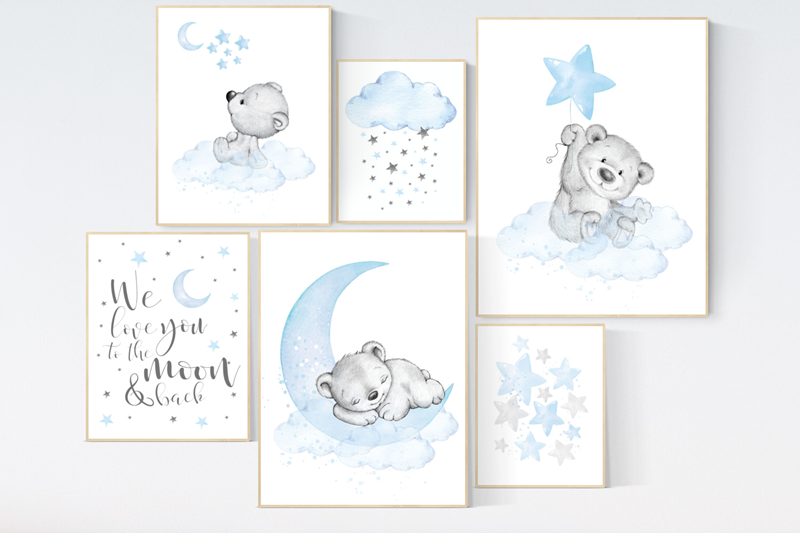 Nursery decor bear, nursery wall art boy, Blue grey, cloud and stars nursery, bear nursery art