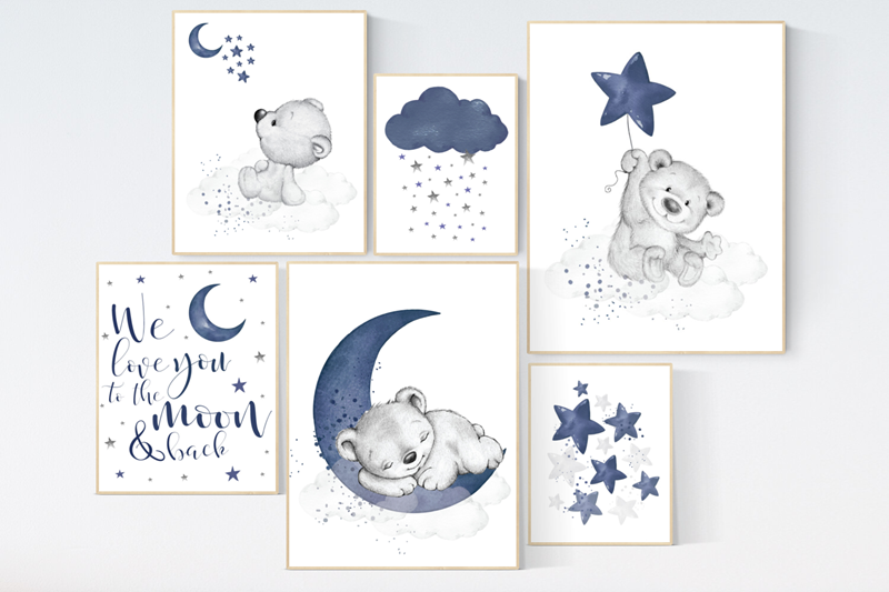 Nursery decor bear, nursery wall art boy, navy blue grey, navy nursery, cloud and stars nursery