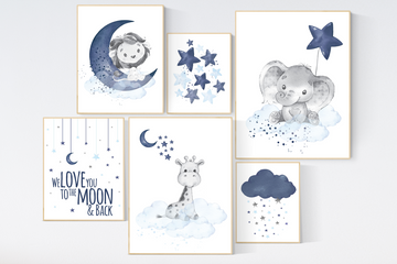 Nursery decor boy animals, giraffe, lion, elephant, boy nursery decor, moon and stars, navy and blue