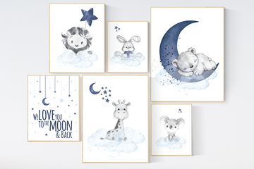 Nursery decor boy animals, giraffe, lion, bear, koala, bunny, boy nursery decor, moon and stars