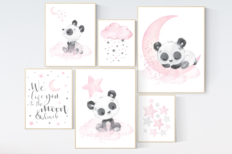 Nursery wall art girl, pink grey, panda nursery decor, panda bear , we love you to the moon and back