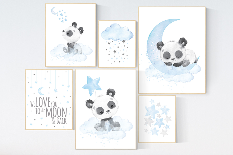 Nursery decor panda, nursery wall art boy, Blue grey, cloud and stars nursery, panda bear nursery
