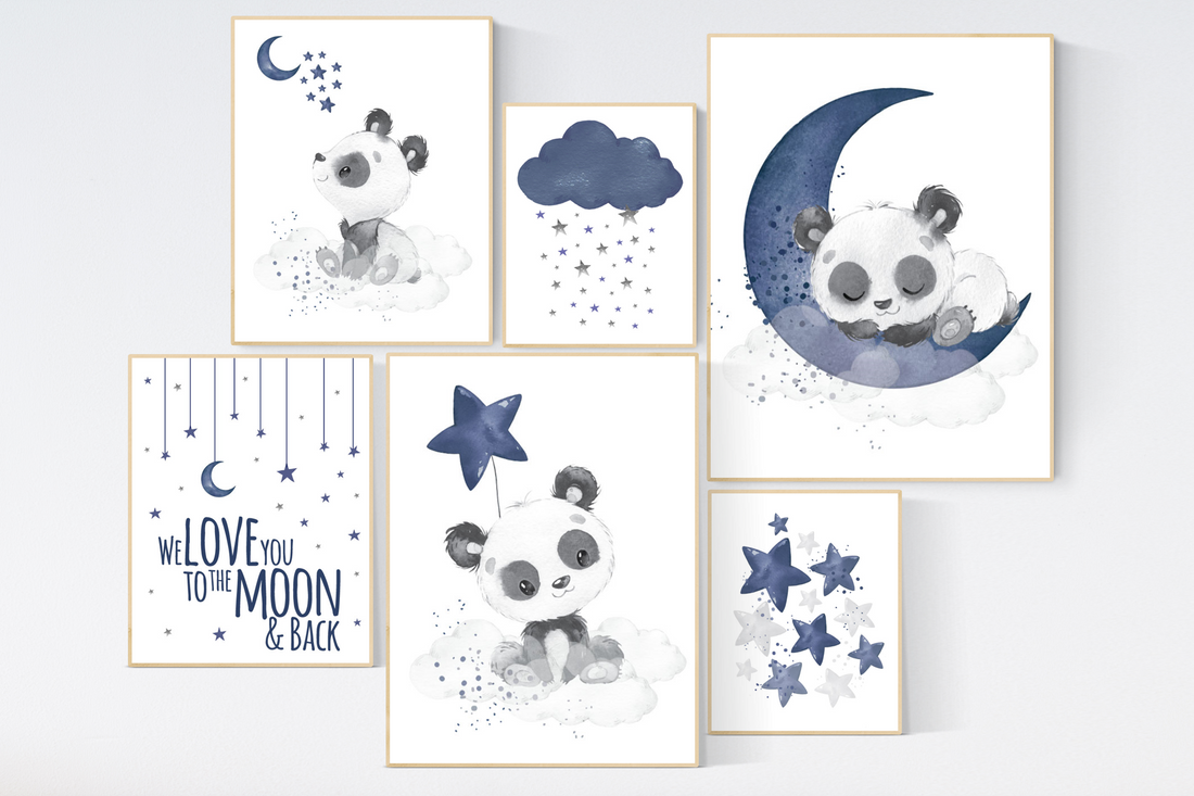 Nursery decor boy panda, nursery wall art boy, navy Blue, moon and stars, navy nursery, boy nursery