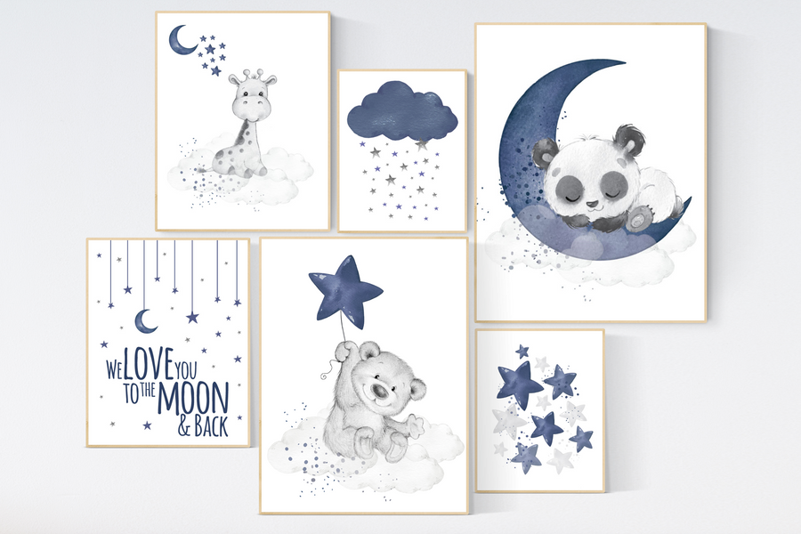Nursery decor boy bear, giraffe, panda, boy nursery, moon and stars, navy nursery, boy nursery art