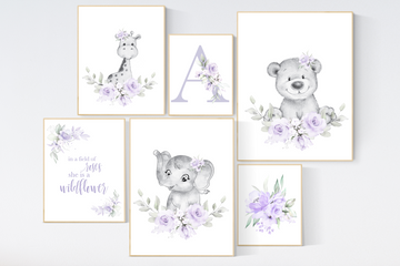 Nursery decor boho, purple nursery, nursery decor girl floral, elephant, giraffe, bear
