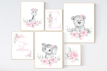 Nursery decor boho, nursery decor girl floral, elephant, giraffe, bear, pink nursery, girl nursery