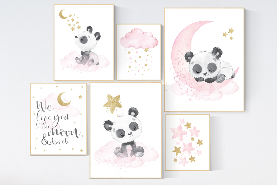 Nursery wall art girl, pink gold, panda nursery decor, panda bear nursery, pink and gold