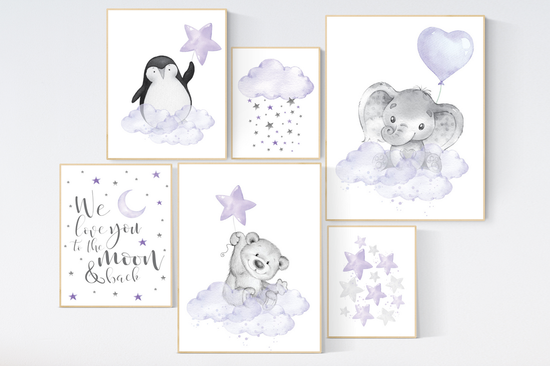 Nursery decor girl purple, nursery decor animals, bear, elephant, penguin, moon and stars