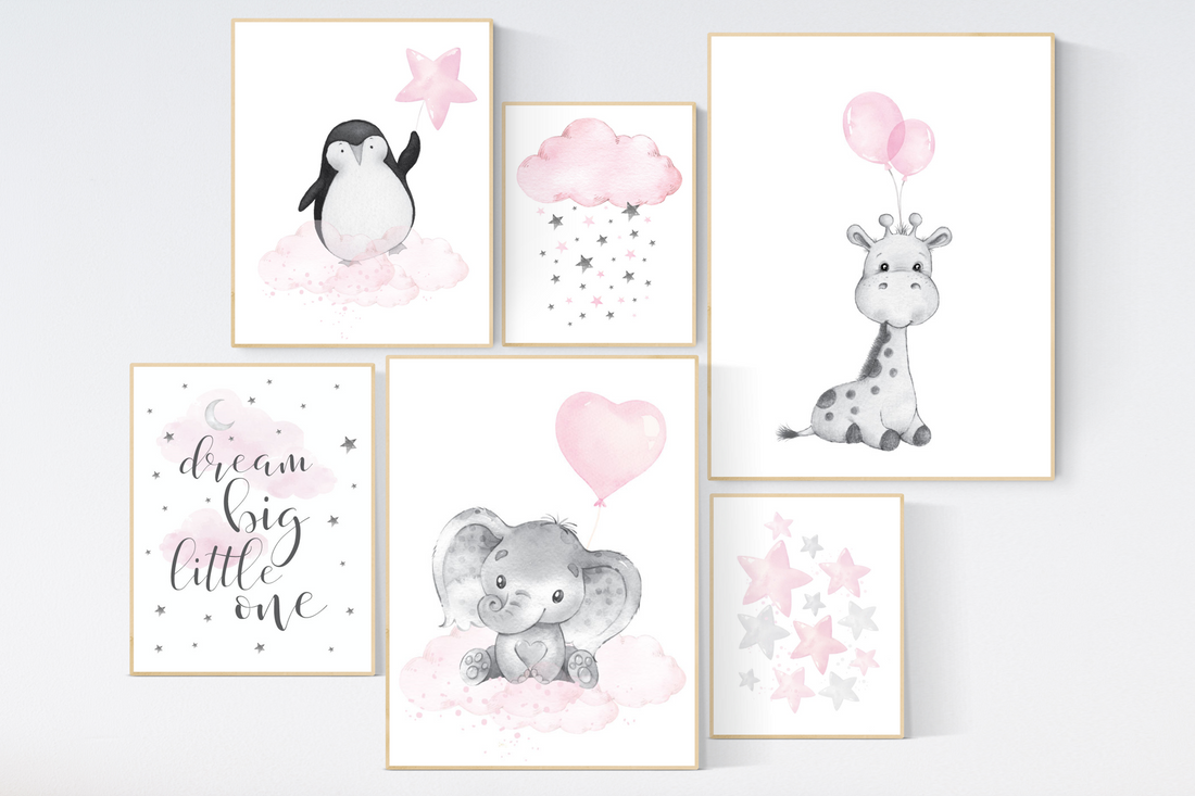 Nursery wall art girl animals, pink grey, nursery decor girl pink, penguin, elephant, bear
