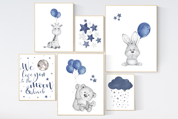 Nursery decor boy animals, navy nursery, bunny, bear, giraffe, nursery wall art boy, navy blue
