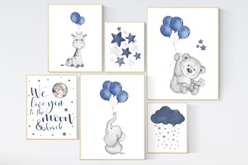 Nursery decor boy animals, navy nursery, elephant, bear, giraffe, nursery wall art boy, navy blue