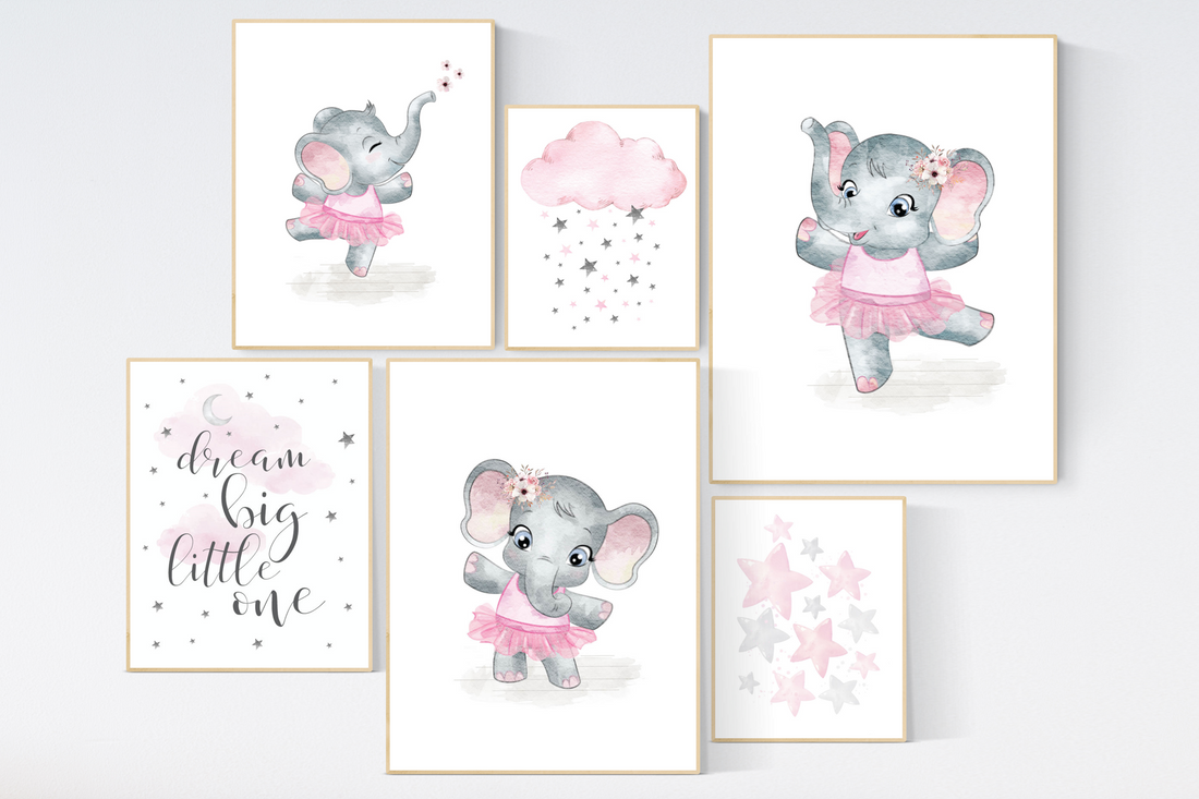 Ballerina elephant, baby room decor girl, Elephant, nursery prints girl, elephant nursery print
