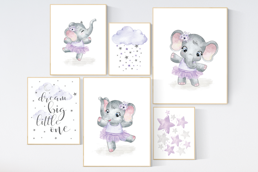 Ballerina elephant, baby room decor girl lavender, Elephant nursery art, nursery prints girl