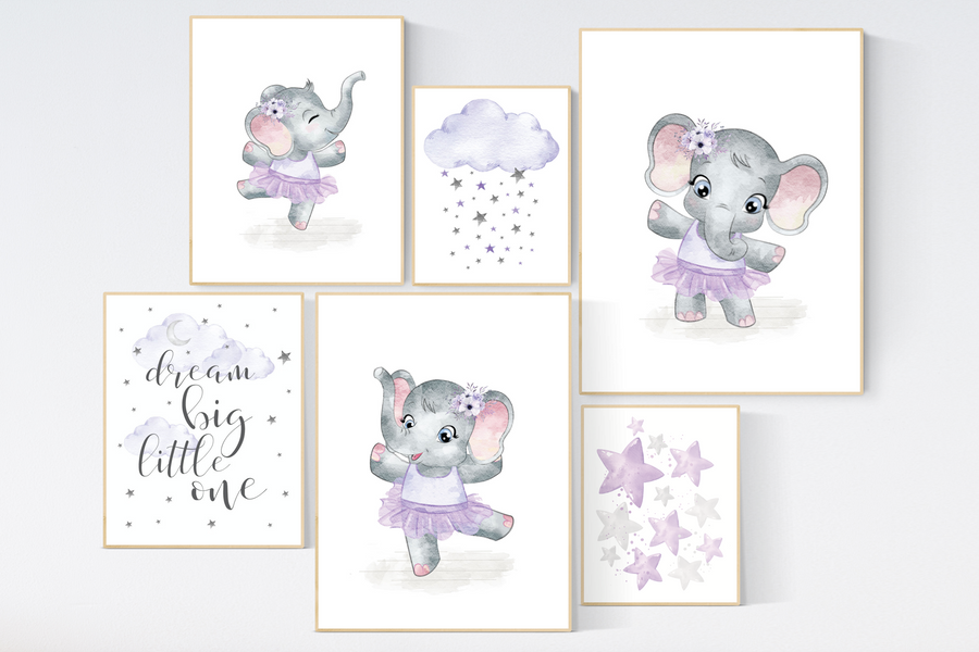 Ballerina elephant baby room decor girl lavender Elephant