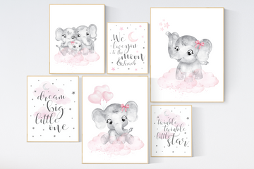 Nursery wall art girl elephant, pink grey, nursery decor girl pink, moon and stars, girl nursery