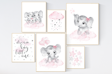Nursery wall art girl pink and gray, elephant nursery decor, nursery decor girl pink, moon and stars