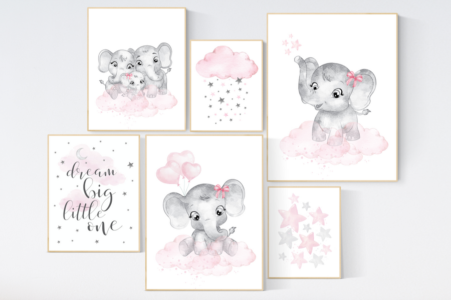 Nursery wall art girl pink and gray, elephant nursery decor, nursery decor girl pink, moon and stars