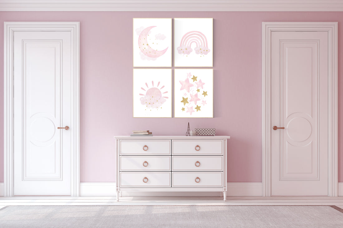 Pink gold nursery, Nursery wall art girl, rainbow, moon and star, cloud, sun, girl nursery ideas