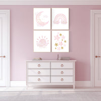 Pink gold nursery, Nursery wall art girl, rainbow, moon and star, cloud, sun, girl nursery ideas