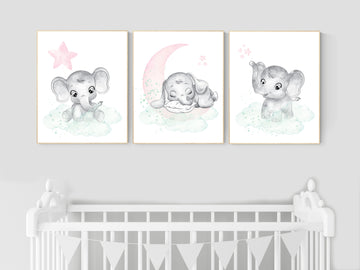 Nursery decor girl pink mint, Nursery wall art girl elephant, pink and mint, moon, stars, nursery