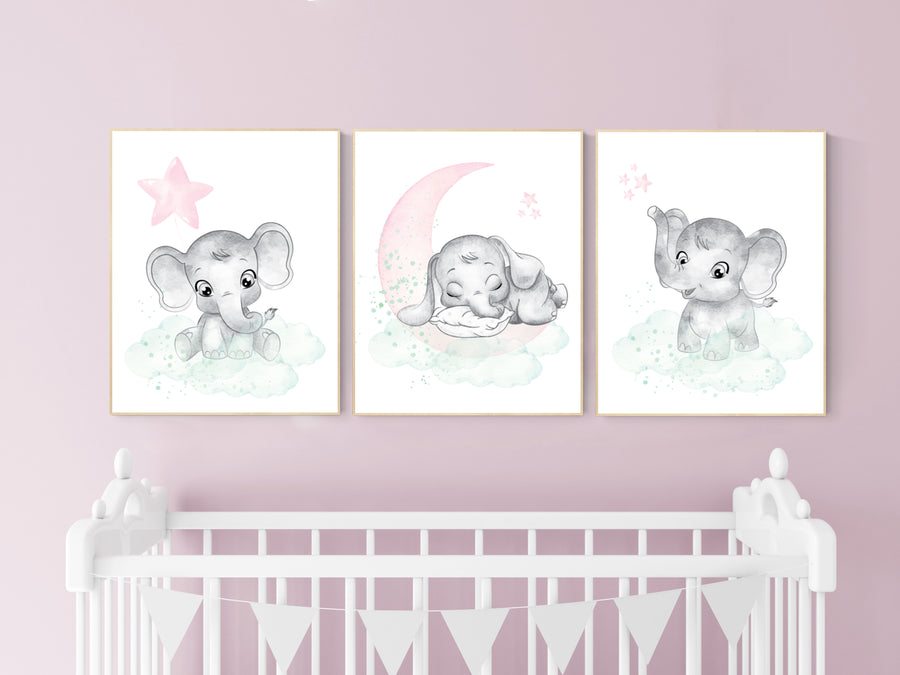 Nursery decor girl pink mint, Nursery wall art girl elephant, pink and mint, moon, stars, nursery