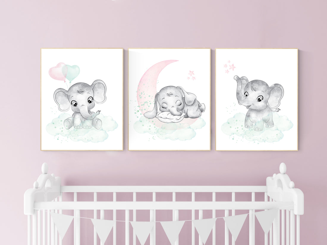 Pink and mint nursery, elephant nursery, Nursery decor girl pink mint, Nursery wall art girl