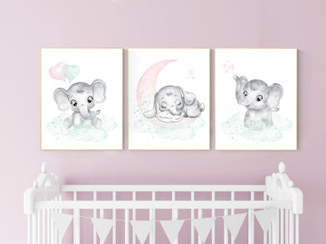 Pink and mint nursery, elephant nursery, Nursery decor girl pink mint, Nursery wall art girl