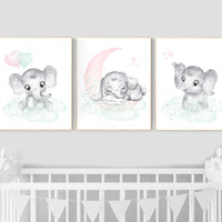 Pink and mint nursery, elephant nursery, Nursery decor girl pink mint, Nursery wall art girl